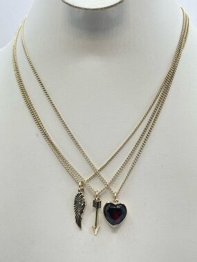 Gold Tone Layered Necklace Set Heart Arrow Wing Pendant Trio